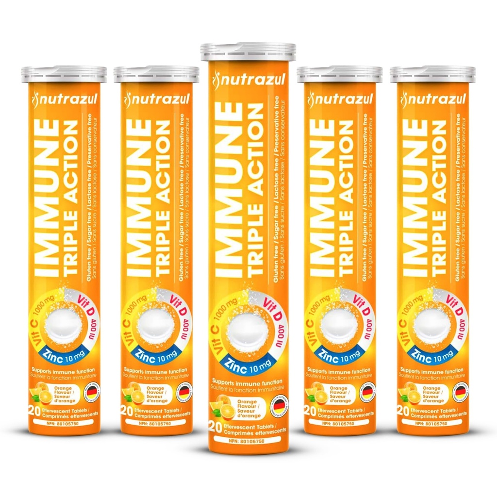 nutrazul Immune Triple Action Effervescent Tablet dengan Vitamin C 1000mg, Vitamin D, Zinc, Dukung Daily Routine, Gluten- Free, Sugar- Free, Lactoe- Free, Orange Flavor, 20 Tablet (Paket 5x20)