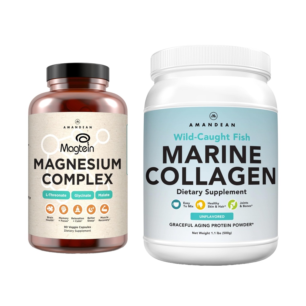 AMANDEAN Premium Magnesium Kompleks dan Marine Collagen Bundle. Ambang Tinggi Magnesium, Glycinate & Malate. Wild- tertangkap Hydrolyzed Fish Collagen Protein. Dualitas Dukungan Tidur, Skin & Mood