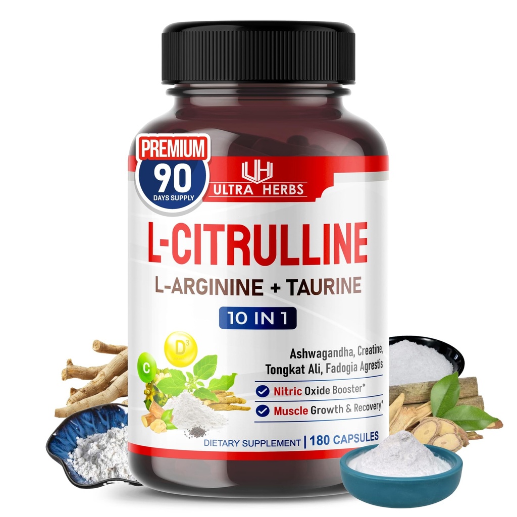 L-Citrulline Tambahan Kapsul Ensules dengan L-Arginine, Taurine, Creatine, Tongkat Ali, Fadogia Agrestis 124; Ultra Nitric Oxide Booster, Stamina & Recovery 124; 180 Capsules