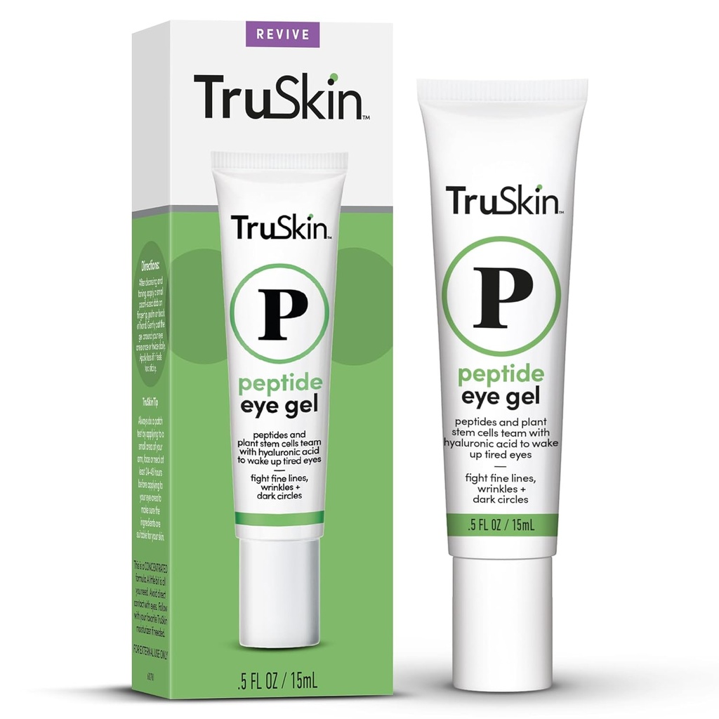 Truskin Peptide Eye Gel - Impreve Look of Dark Circles & Lines for Bright Eye Area - Under Eye Care with Peptides, Plant Stem Cells, Hyaluronic Acid - Wake Up Hour Eyes, 0.5 fl oz