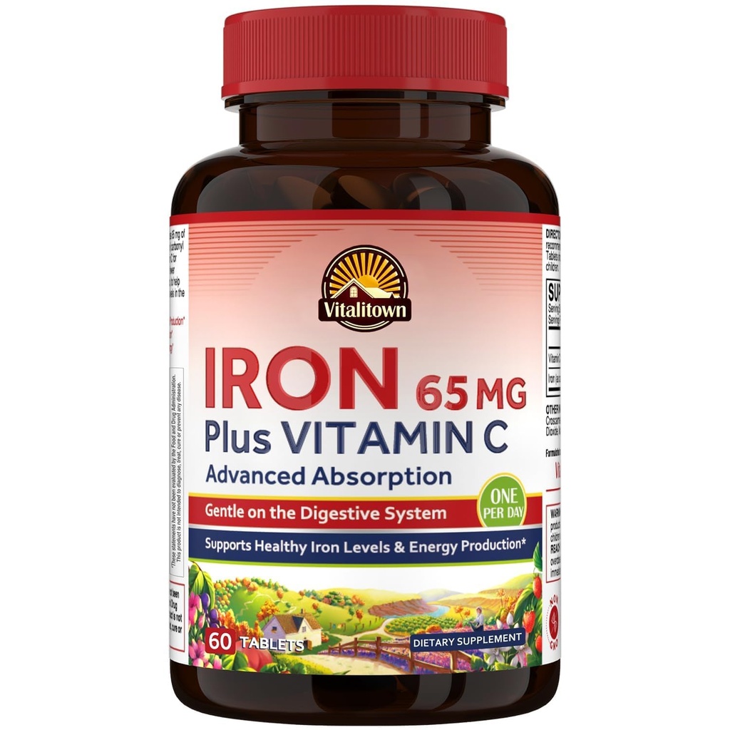 Tambahan Besi Vitalitown untuk Perempuan Pria, Hign Potency Iron dengan Vitamin C 250mg, Kurang Sembelit, Lebih baik untuk Pembangunan Darah & Energi Improvement, Tidak Gluten, Non-GMO 60 Vegan Iron Pills