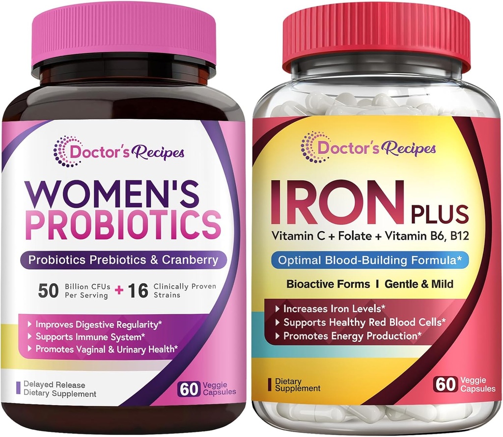 Dokter 's Recepes Women' s Probiotic & Iron Plus Bundle, Feminine Health & Blood Support, Probiotic Capsules 60ct & Iron Capsules 60 ct