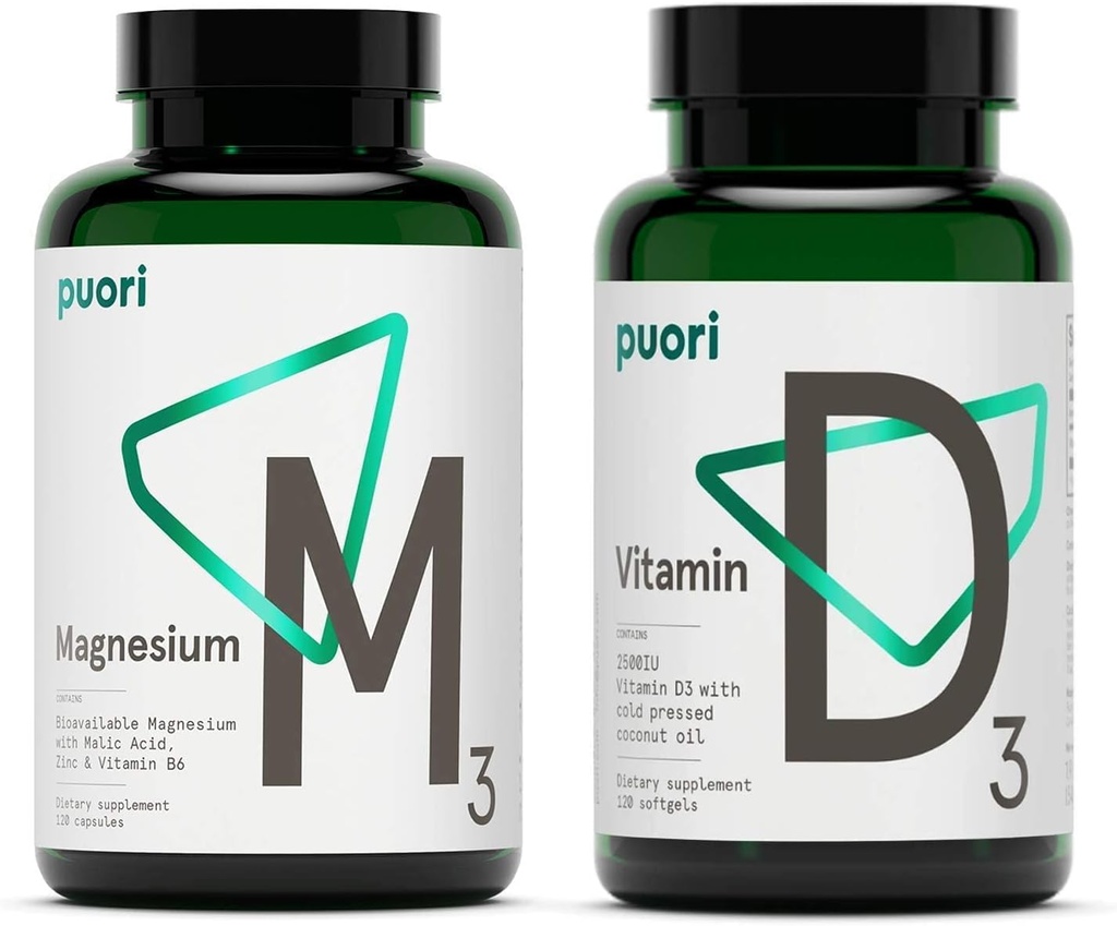 Puori Vitamin D3 dan Magnesium Zinc Tambahan Bundle untuk Fungsi Otot Kesehatan, Kesehatan Tulang, Dukungan Imune dan Calcium Uptake-Non-GMO dan Gluten- Bebas