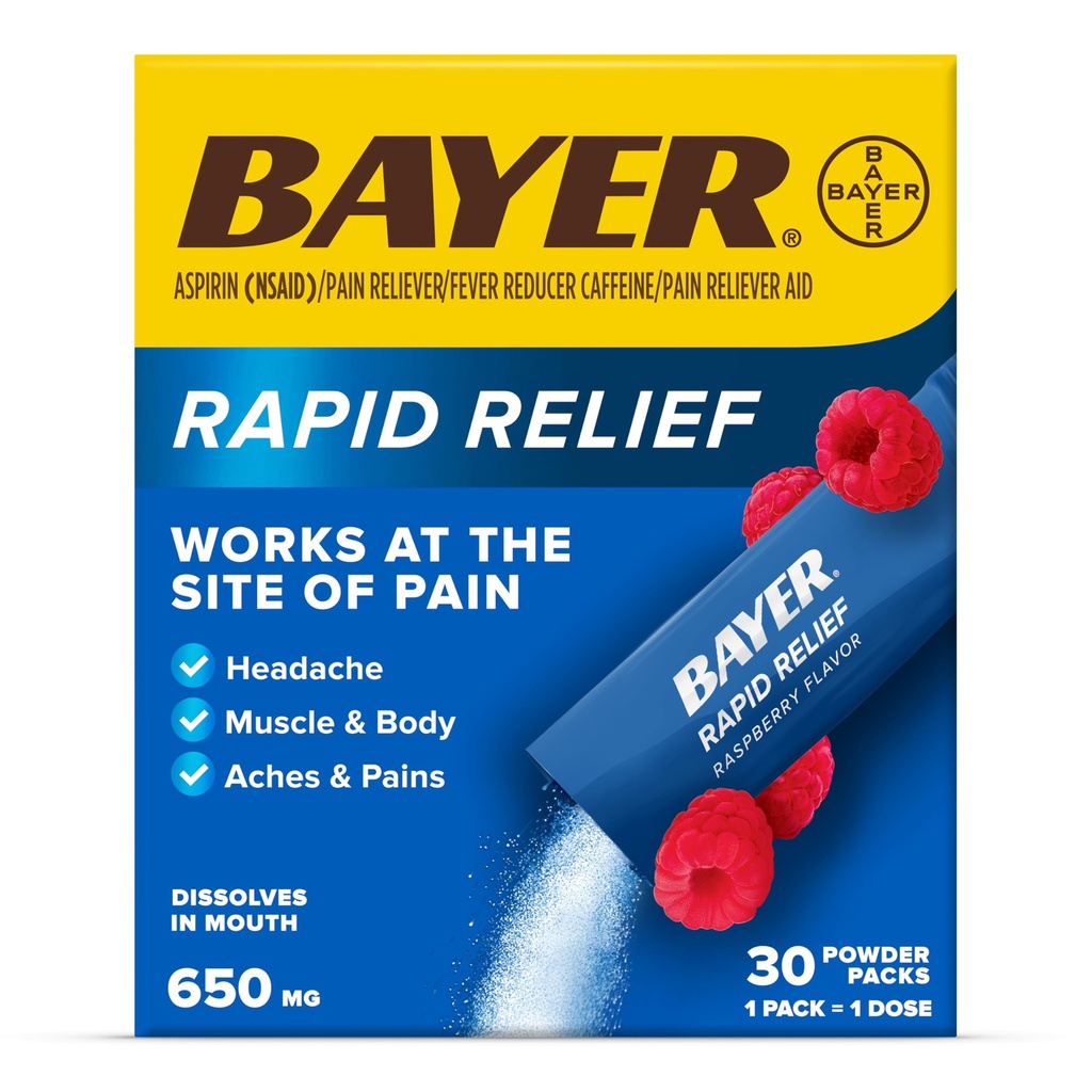 Bayer Relief Pawder Pack with Aspirin & Caffeine, Dissolcable Fast Acting Pain Relief for Headache, Muscle and Body Pain, Raspberry Flavor (Packaging mungkin bervariasi), Pack of 3 x 10 Count
