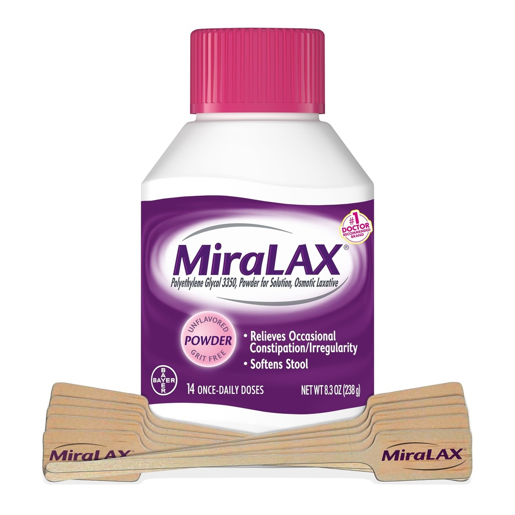 MiraLAX Laxative Powder, Relief Sembelit Lembut, Stool Softtener dengan PEG 3350, Laxative Non stimulan, Efek Sisi Harsh, termasuk Stirrer, 14 Dose