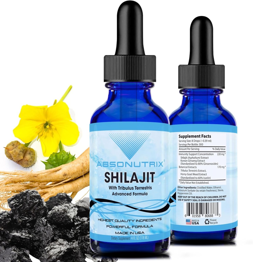 Absonutrix Shilajit dengan Tribulus Terrestris 390 mg, 4 Oz Liquid, 300 Servings, dibuat di USA, Quick Absorpsi, Quality Venable Ingregents, Non-GMO, GMP Certified Facility, Cruelty- Free Products