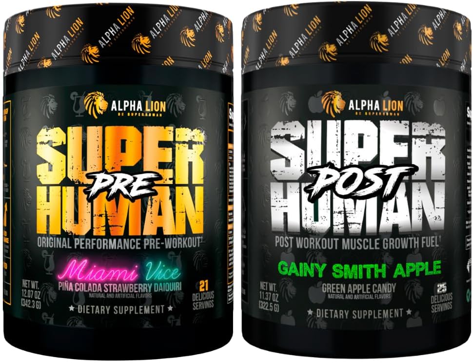 ALPHA LION Superhuman Pre Workout Powder & Post Workout Bundle (Miami Vice & Gainy Smith Apple)