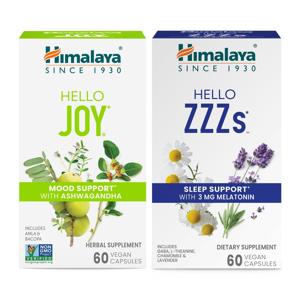 Himalaya Halo Joy dengan Ashwagandha untuk Improving Mood dan Roh & Hello ZZZs dengan Melonasin untuk Dukungan Tidur, 60 Capsules Setiap Bundle