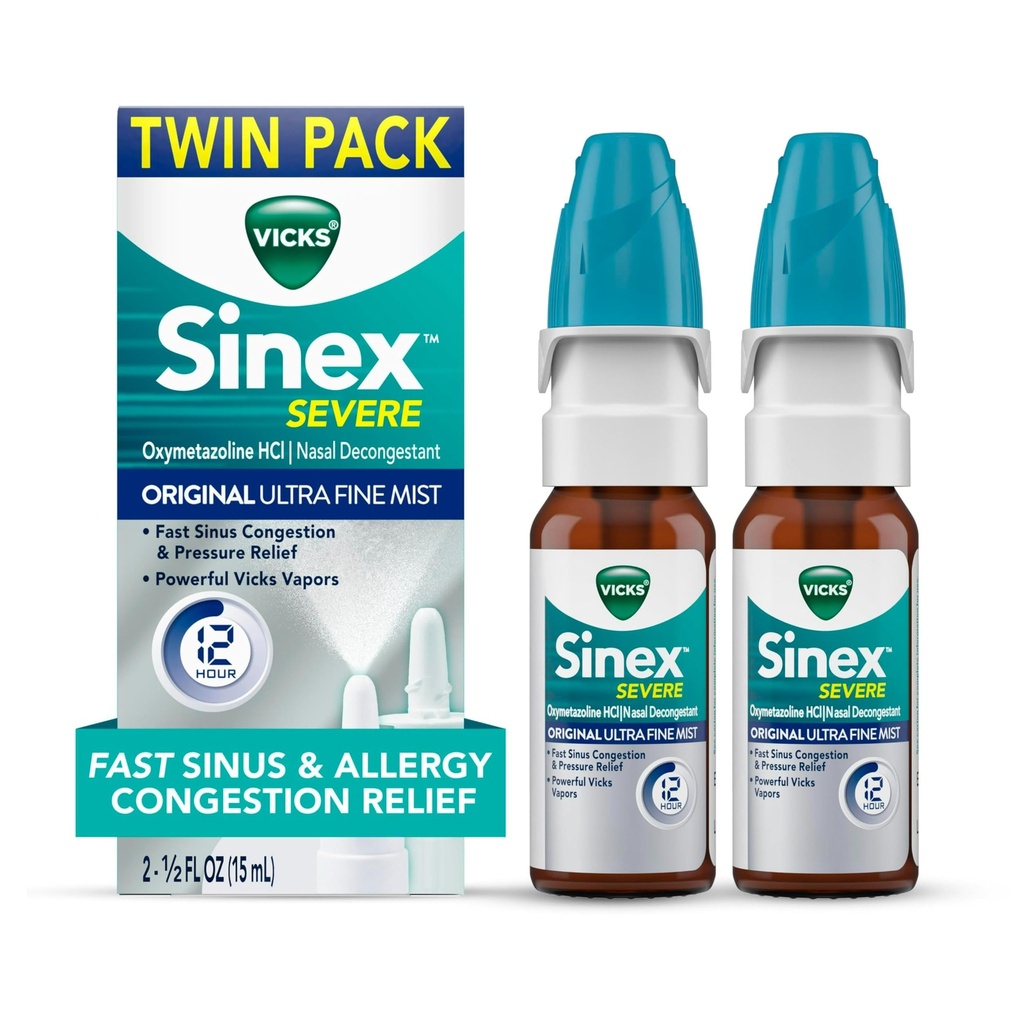 Vicks Sinex Seventy Allergy & Sinus Nasal Spray, Original Ultra Fine Mist, Decongestant Medicine, Relief from Nasal Contrable deme Cold or Allergy, Sinus Pressure Relief, 265 Sprays x 2