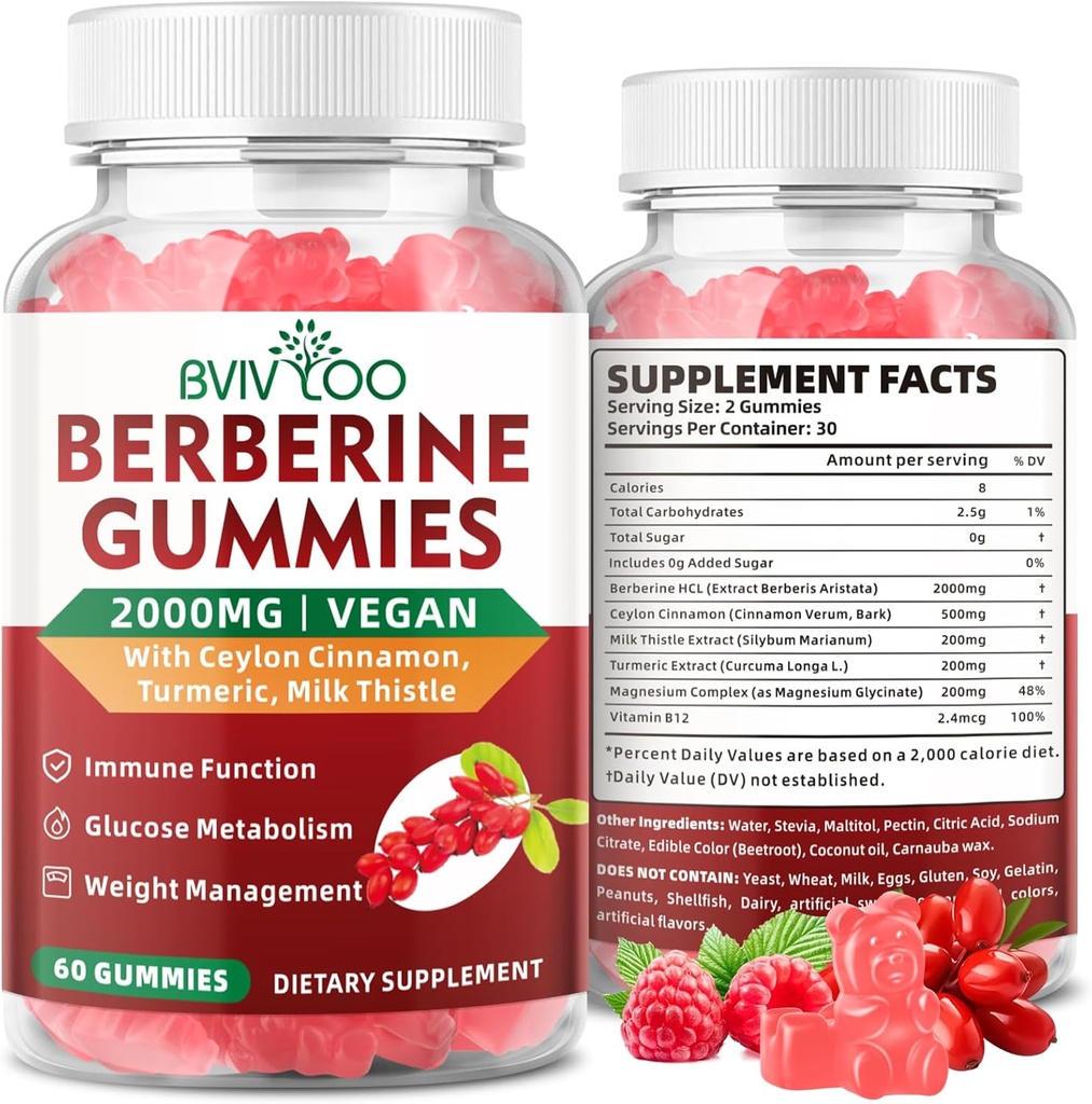 Premium Berberine Gummies, Potency Tinggi 2000mg Tambahan HCI, Plus Ceylon Cinnamon, Milk Thistle for Women & Men, Immune System & Metabolisme Dukungan - 60 Gummies