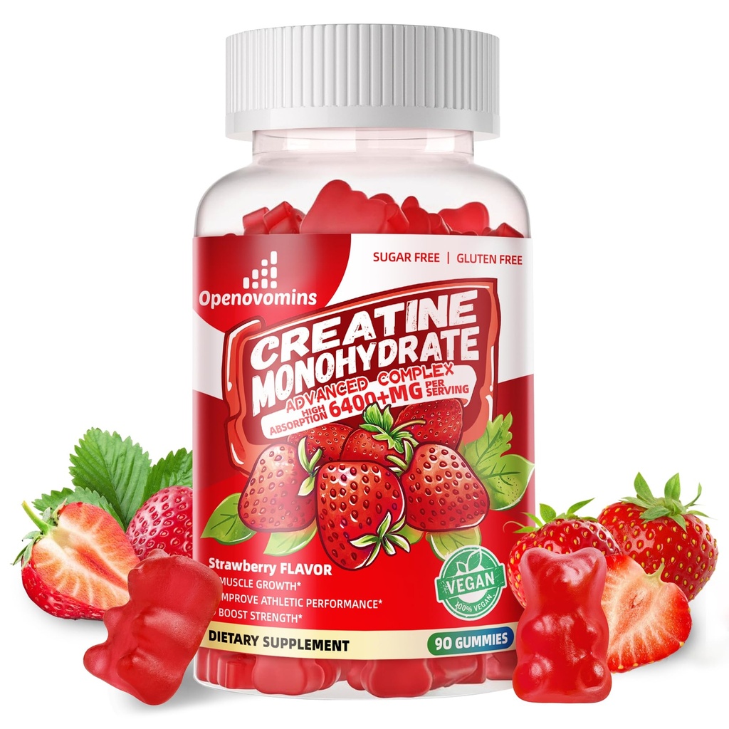 Cretine Monohydrate Gummies Complex for Men & Women -Advanced Formula W / L-Taurine + Vitamin B12, Supplemen Gula Chewable, 90 Strawberry Gummies