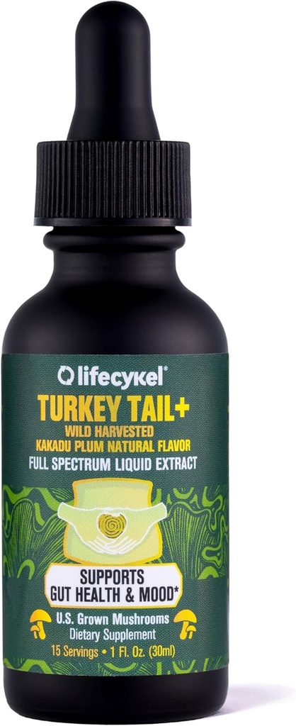 Cykel Hidup - Turkey Tail Jamur Ekstrak dengan Kakadu Plum - Imune Dukungan & Digetical Health Prebiotic Suplemen - Vegan, Non- GMO dan Gluten Free - 1 Fl Oz