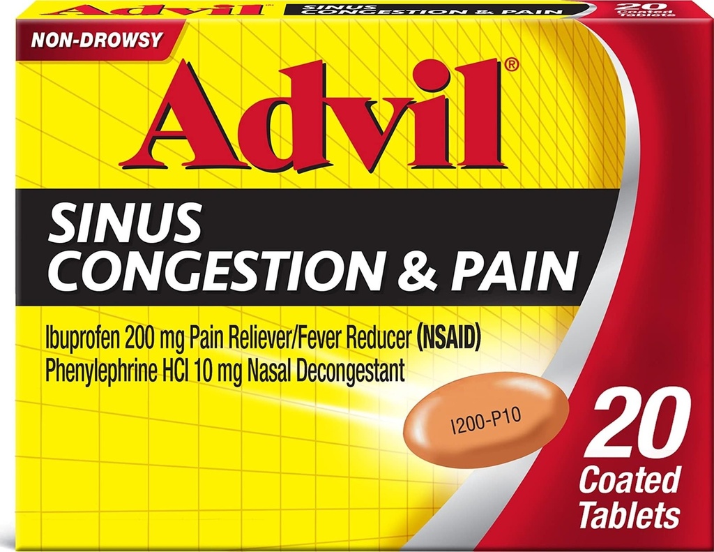 Advil Sinus Contrable and Pain, Sinus Relief Medicine, Suin Reliever and Fever Reducer with Ibuprofen and Phenylephrine HCI - 20 Coated Tablets