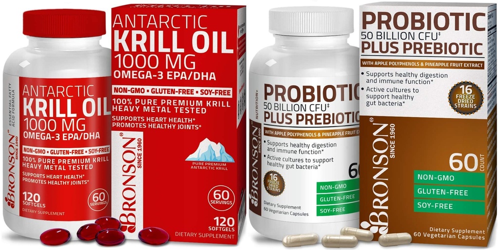 Bronson Probiotic 50 Milyar CFU + Prebiotic dengan Apple Polyphenol & Pineapple Fruit Antartika Krill Oil 1000 mg dengan Omegaga- 3s EPA DHA