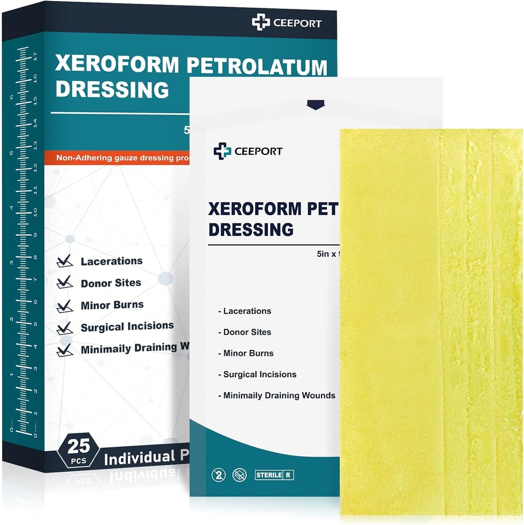 Xeroform Medis Petrolatum Dressing 5x9 - Non-Adherent Gauze Pad Strip, Fine Mesh Gauze Patch Supplies for Wound Care, Burns, Lacerations, & Skin Grafts (Pack of 25)