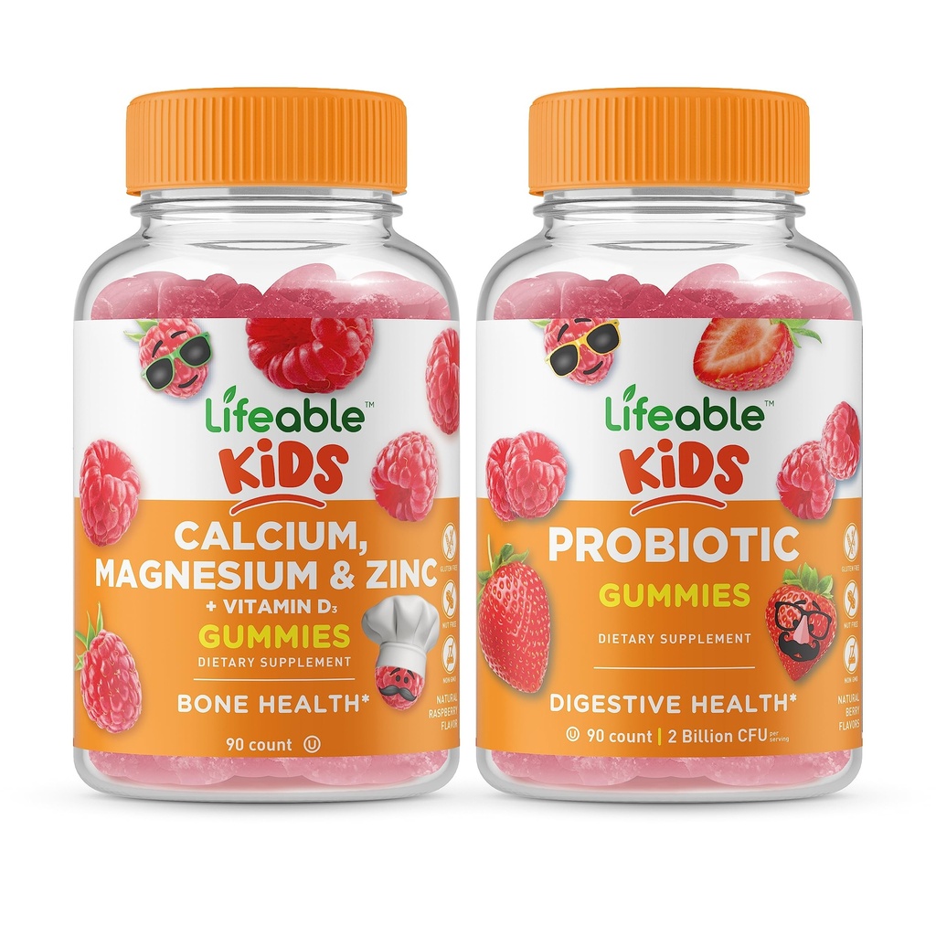 Lifeable Calcium Magnesium & Zinc Kids + Probiotic 2 Milyar CFU Kids, Gummies Bundle - Tasting, Vitamin Suplemen, Gluten Free, GMO Bebas, Gummy Chewable