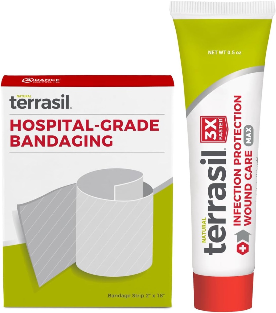 Terrasil Wound Care First Aid Kit: Medical Bandage & Wound Healing Ournment, Infeksi Protection for Bed Sores, Pressure Sores, Ulcers, Blits, Cuts. Dermatologist- Diuji (0.5oz, 2 "x18" Bandage)