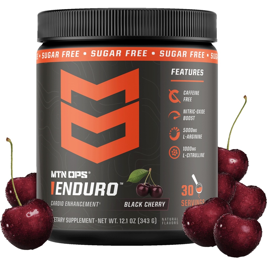 MTN OPS Enduro Nitric Oxide Stim Free Pre Workout: 124; Magnesium Citrate, L Arginine & L Citrulline Caffeine Free Pretraining 124; 30 Serving Black Cherry