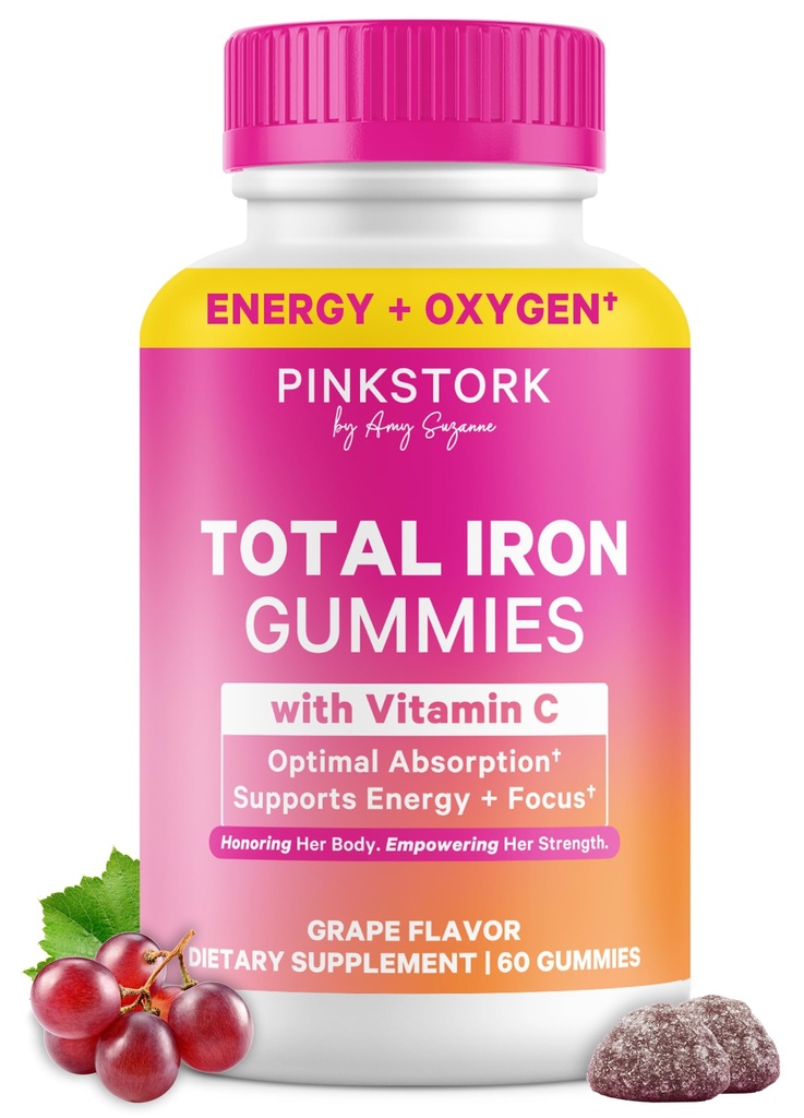 Gugus Besi Prenatal Merah Muda untuk Perempuan - 20 mg dengan Vitamin C - Grape Disable for Deficiency, Energy, & Blood Builder - 60 Gummy Chews