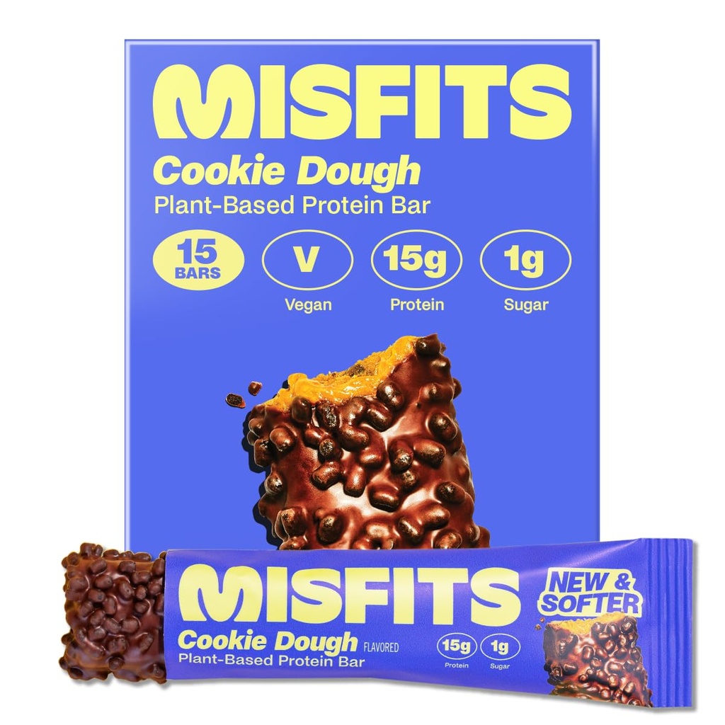 Misfits Vegan Protein Bars, Cookie Dough - Updated Recipe 124; Plant Based, Low Sugar & Carb, High Fiber Snacks 124; Pack of 15