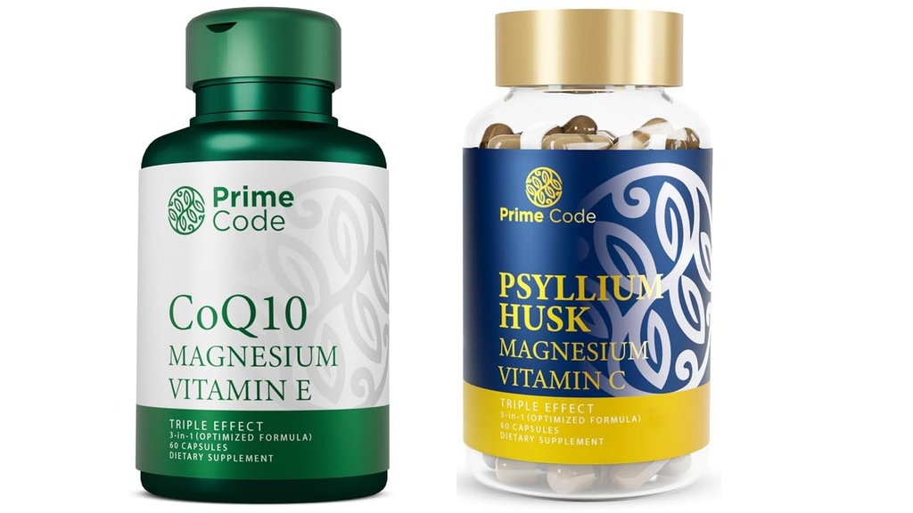 Prime CoQ10 250mg dengan Magnesium Glycinate dan Vitamin E, Psyllium Hussules dengan Magnesium Citrate dan Vitamin C