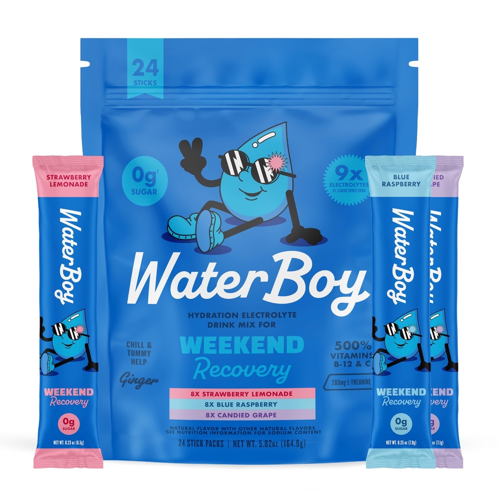 Waterboy Weekend Recovery Variety 124; 3.200mg Electrolyte Quwrents 12.4; Ginger + L-Theanine + Vitamin 124; No Sugar, All Natural, Gluten Free Sounds 124; 24 Drink Stick Mixes (Variety Pack)