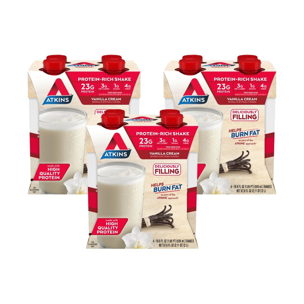 Atkins Vanilla Cream Meal Ukuran Protein Shake, 23g Protein, rendah Glycemic, 3g Carb, 1g Sugar, Keto Friendly