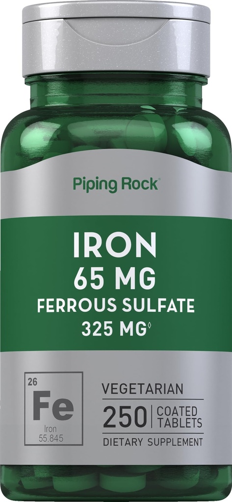 Piping Rock Iron Ferrous Sulfate 65 mg 124; 250 Tablet: 124; Iron Suplement Attency Tinggi Formula 124; Vegetarian, Non- GMO, Gluten Bebas