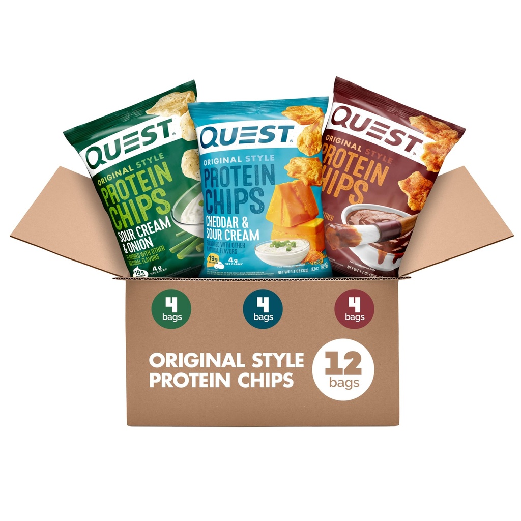 Protein Nutrition Quest Variasi Chips Pack, BBQ, Cheddar & Sour Cream, Sour Cream & Onion, High Protein, Low Carb, 1.1 oz (Paket 12)