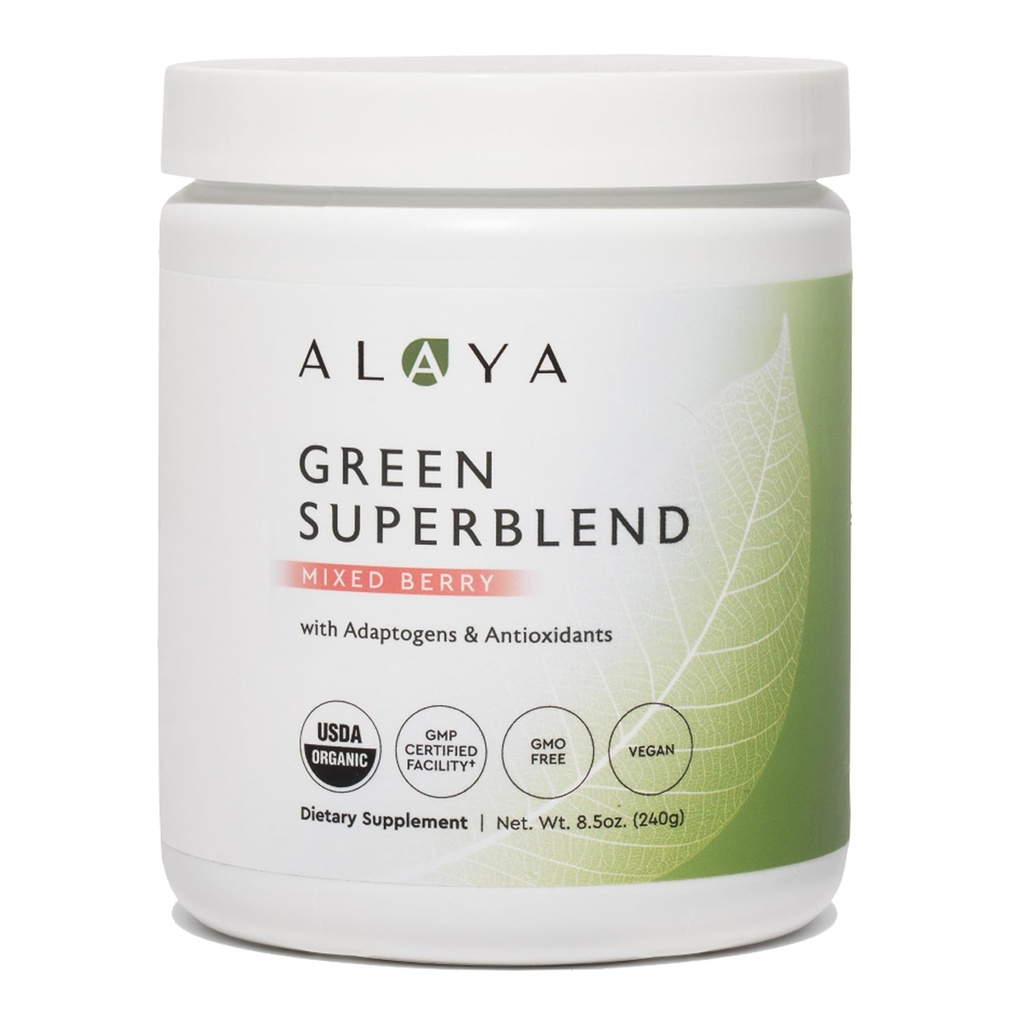 Alaya Organic Super Greens Powder - Premium Green Juice Superfood Powder - Adaptogens, Antioxidants & Progets Blend - USDA Organik, Non- GMO, Vegan - 30 Servings (Mixed Berry)