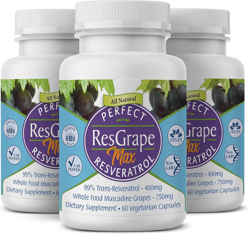 Perfect ResGrape Max, 60 kapsul sayuran per botol (Paket 3) ~ 99% Trans- Resveratrol & Muscadine Grape ~ Anti- Aging Suplemen & Impostioxidant
