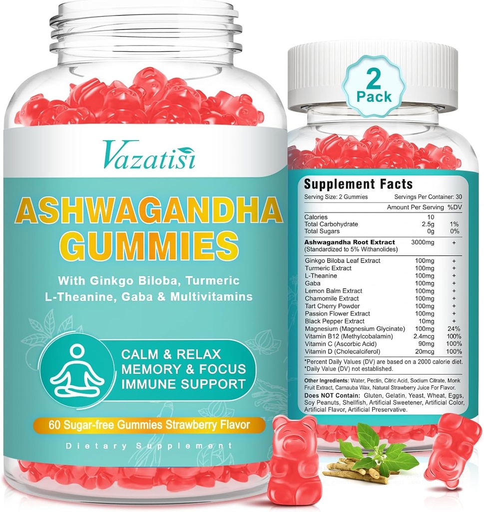 2 Pack Ashwagandha Gummies dengan Turmeric Mood Energy and Immune Dukung, Strawberry Flavor 120 Cts