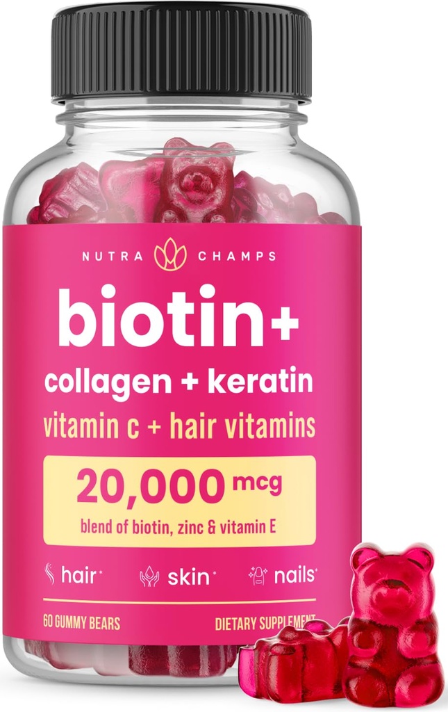 NutraChamps Hair Skin & Nails Gummies 124; Biotin with Collagen & Keratin 14; 5000mcg Beauty Complex: 124; Vitamin Suplemen Perempuan & Pria & Pria 124; Berry Rambut sehat, Radiant Skin & Strong Nails