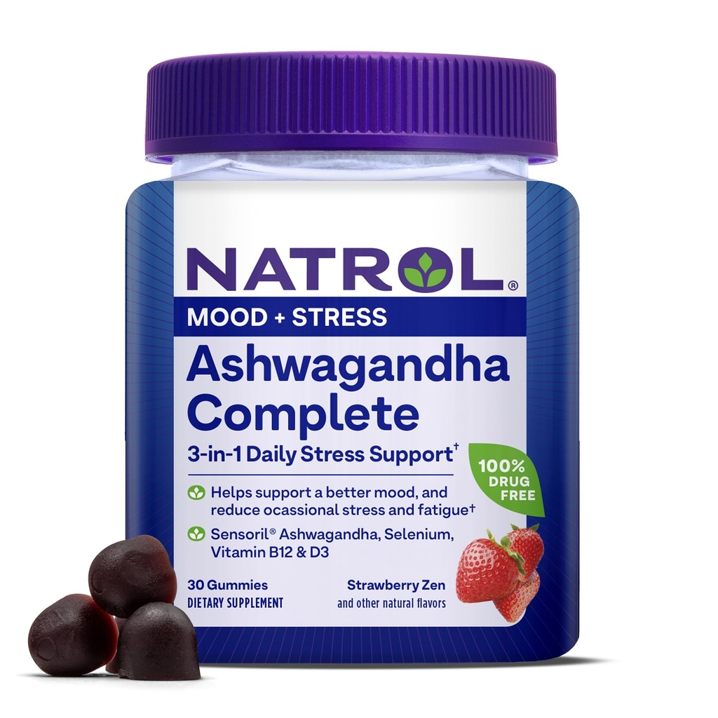 Natrol Ashwagandha Complete Gummy, 3-1 Daily Stress Dups, Support Better Mood, Reduces Occasional Stress and Fatigue, 30 Gummies, Up to a 15 Day Suppply