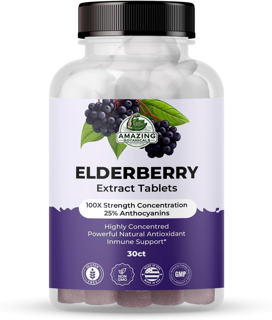 Amazing Botanicals Elderberry Extract 100X Strength Tablets - Organic Immune Support & Wellness Suppplemen 126; 30 tablet