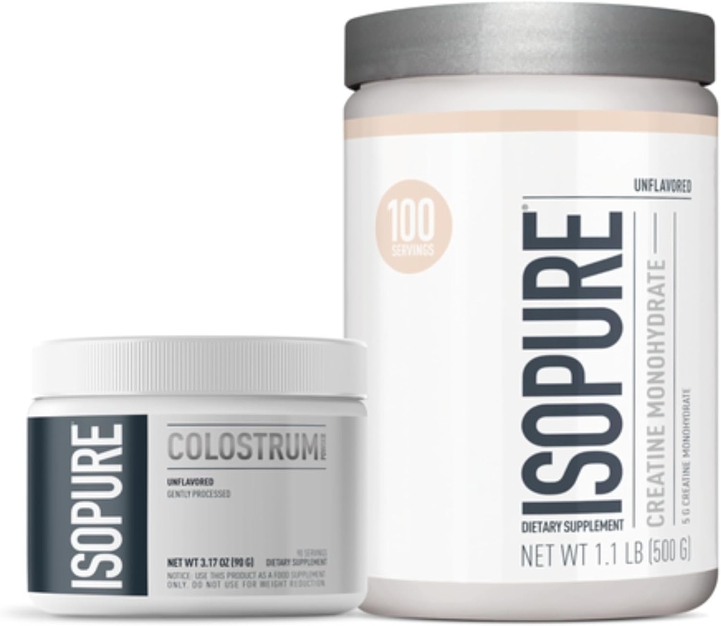 Bundle of Isopure Bovine Colostrum Powder, Gently Processed, 90 Servings + Isopure Unfeatine Creatine Monohydrate Powder, 5g Creatine Monohyver per Scoop, 100 Servings, 500g