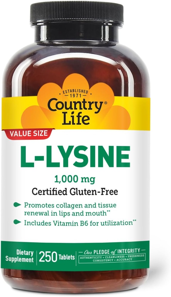 Negara Hidup L- Lysine 1000mg dengan B-6, Mendukung Kesehatan Imune, Promotes Collagen Renewal di Lips dan Mouth, 250- Count, Disahkan Gluten Bebas, Sertifikasi Vegan