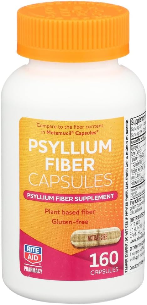 Rite Aid Psyllium Fiber Capsules, 160 Count, Psyllium Fiber Suplement, Alu4r Constipation Relief 124; 100% Natural Psyllium Husk Fiber 124; Membantu pemulihan Reguity 124; Promos Digetical Health