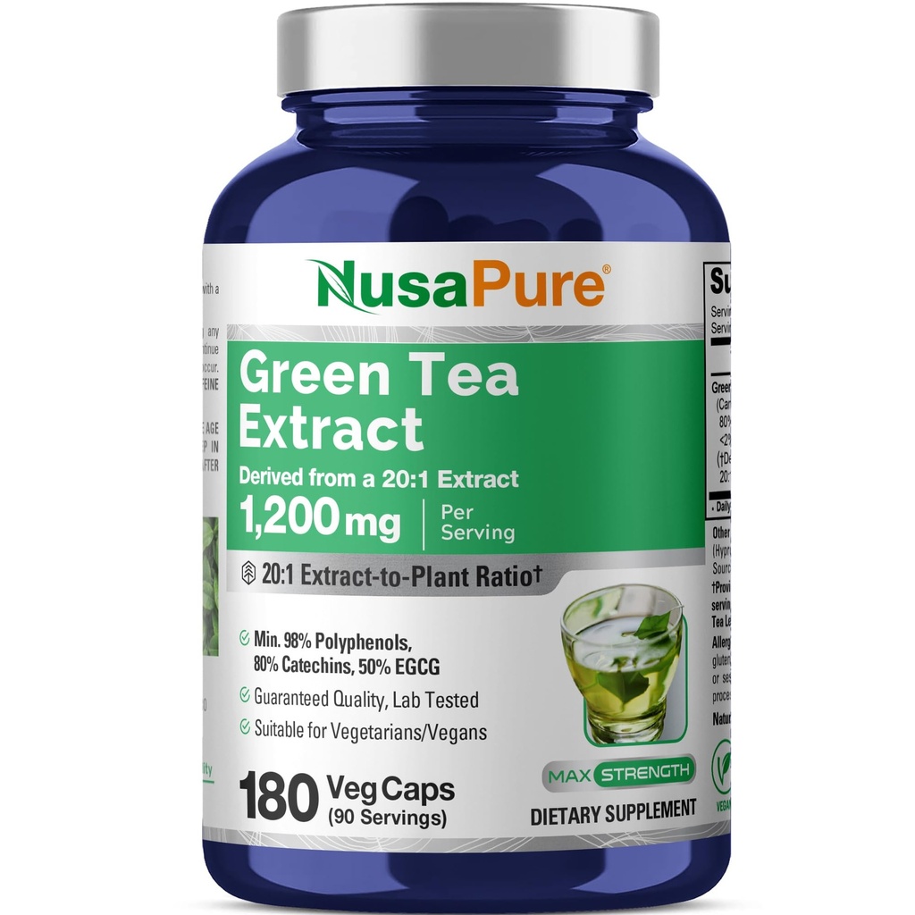 NusaPure Green Tea 20: 1 Ekstraksi, 1200 mg Equivalen dengan 24000mg, 180 Vegan Capsules, 50% EGCG, 98% Polyphenols, 80% Catechins