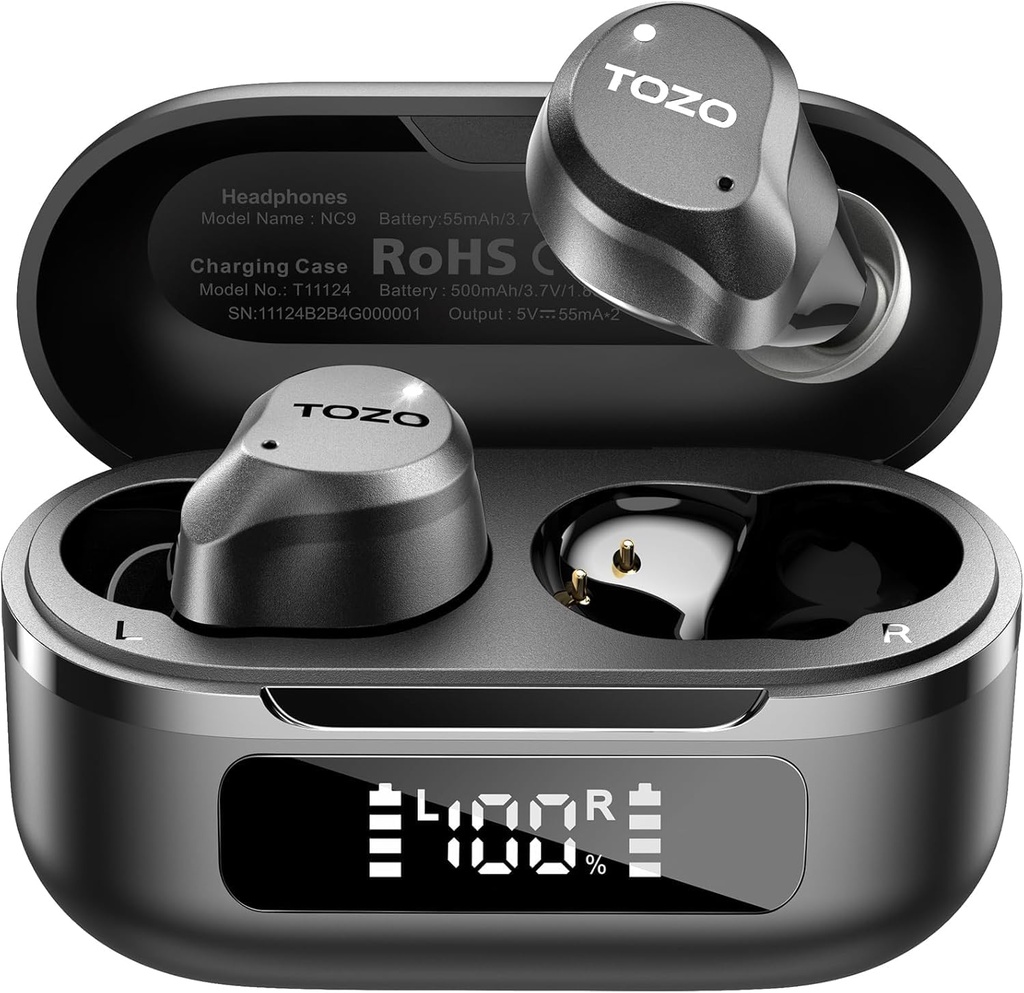 TozO NCX8 Aktif Noise Membatalkan Earbuds Nirkabel, 6 Mics ENC Clear Call, IPX8 Waterproof, di Ear Bluetooth 5.3 Headphones Stereo Bass Ear Buds 59H Waktu bermain dengan LED Tampilan 32 EQs melalui APP