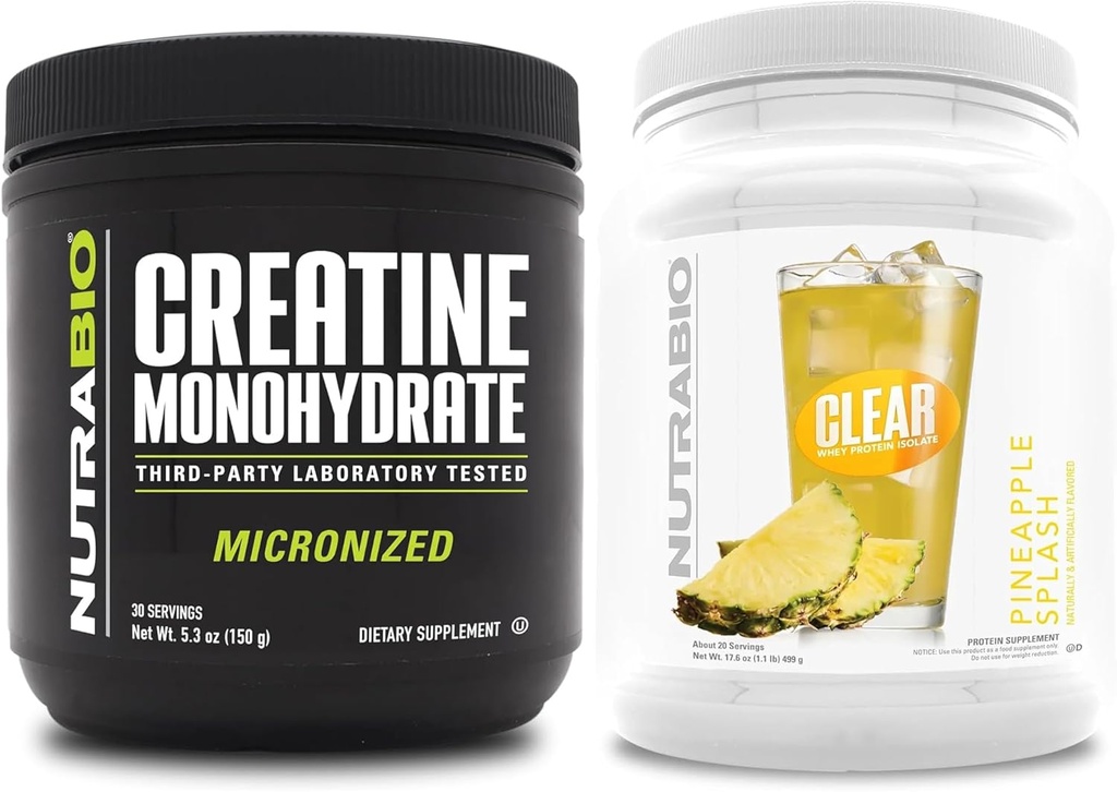 NuttraBio Creatine Monohydrate, Unflafeted, (150 g) dan Clear Whey Protein Isolate, (Pineapple Splash) Pasokan Bundle - Muscle Energy, Maximum Growth, Recovery, and Power