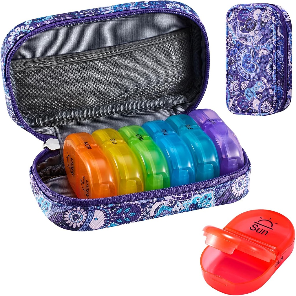 Serfeymi Weekly Travel Pill Organizer 2 Kali sehari Hari AM PM Upgraded Rainbow Pill Box 7 Hari dengan Kasus Portable Zpper PU Leather Pill, Medical Organizer for Pills, Vitamin, Fish Oils - Purple-01