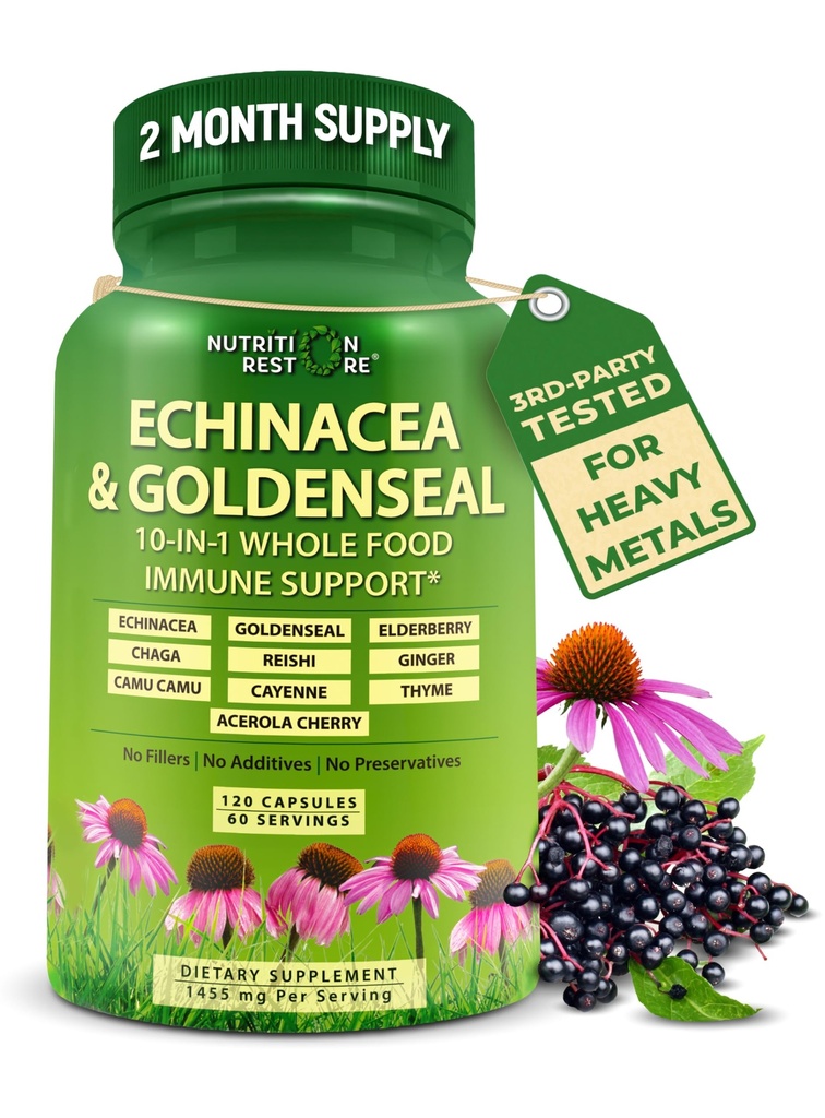 Echinacea Goldenseal Capsules - 10 dari 1 Suplemen Dukungan Imune - 145mg - Vegan Echinacea Capsules Suplemen Dibuat Dengan Organik Seluruh Foods - Herbal Immune Sistem Dukungan - 2 Bulan Suppply