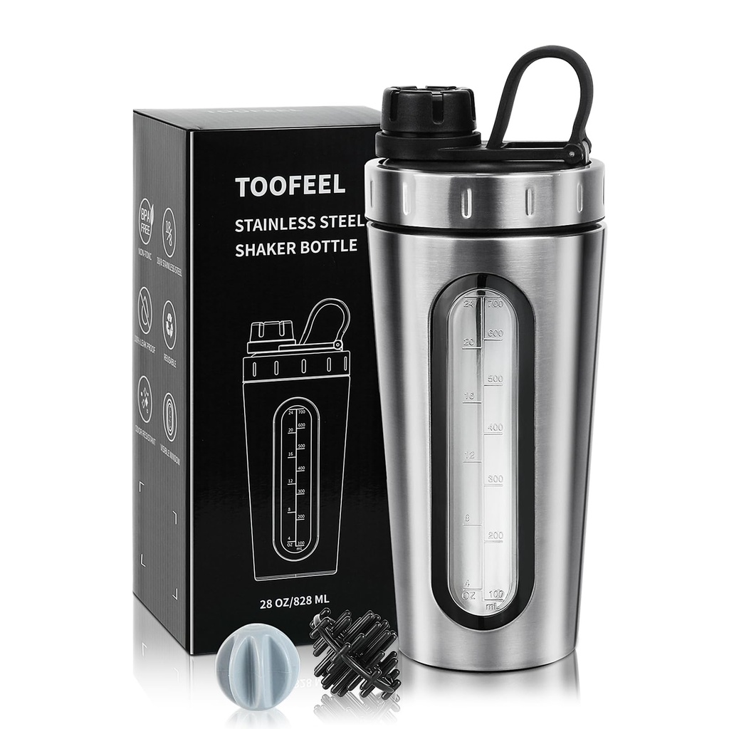 ToOFeEL Shake Bottle for Protein Mixes 28 oz Stainless Steel Protein Shaker dengan 2 Mixing Ball, Not Stays Cold / Hot, Invisible Window Metal Shaker Cups, Leakproof, BPA Free Bottle Shaker