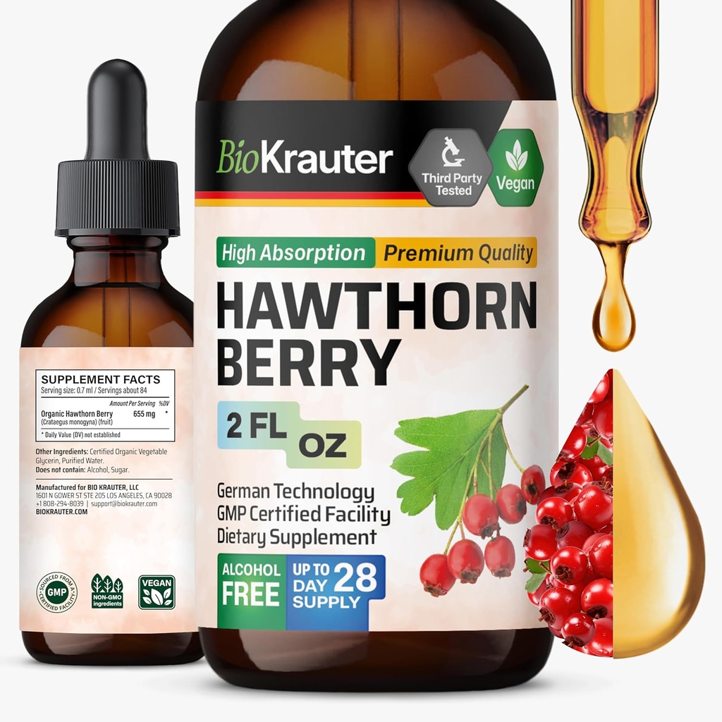 BIO KRAUTER ® Hawthorne Berry Supplement-Murni Vegan Hawthorn Berry Liquid Drops 655 mg per Serving 2 Fl.Oz 28 Days of Supply - Digunakan untuk Overall Dukung & Daily Wellness - Alkohol & Sugar Free