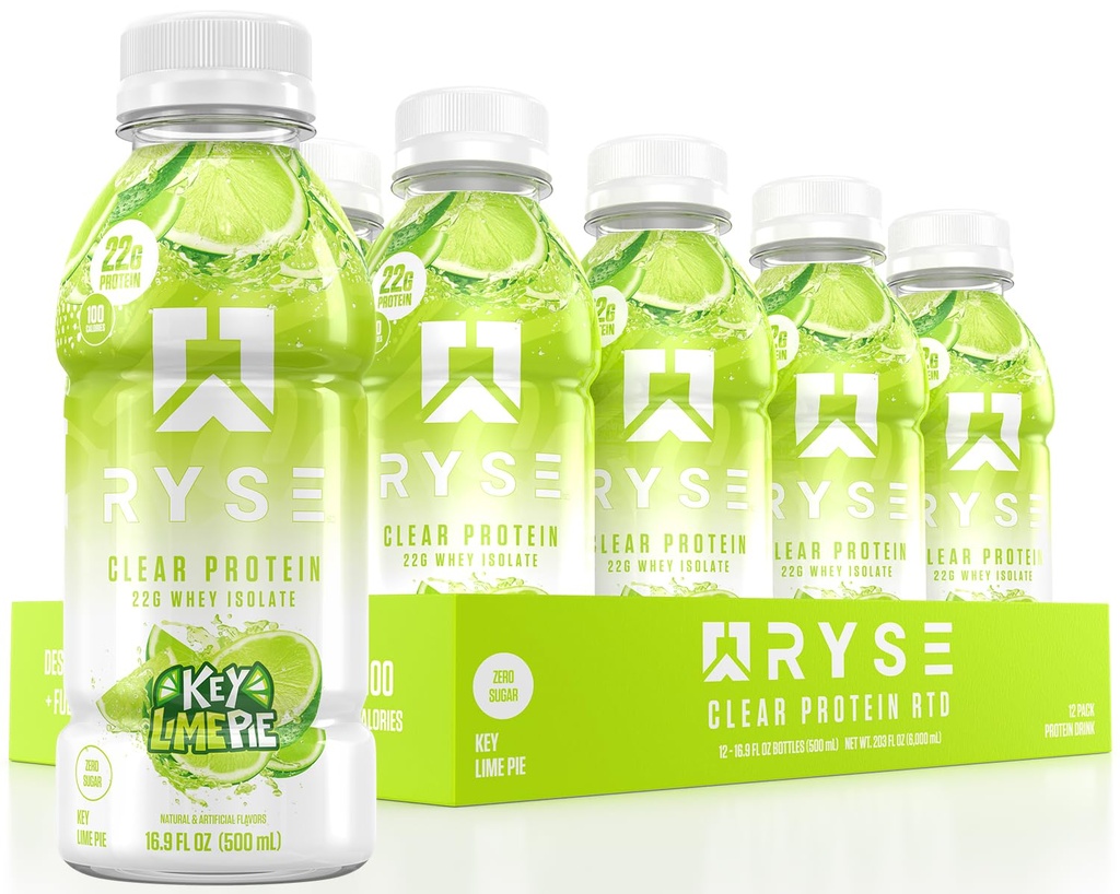 RYSE Clear Protein Drink - Key Lime Pie - 100 Kalories, 22g Whee Isolate Protein Shake, Sugar- Free, 0g Fat & Lactoe- Free - Menyegarkan Ready- To- Minuman Beverage - 16.9 botol oz (12- Pack)