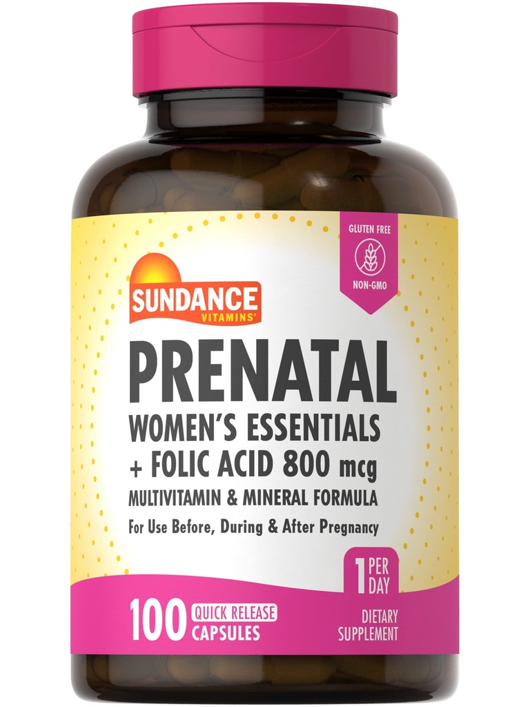 Sundance Prenatal Multivitamin 124; dengan Folic Acid 124; 100 Quick Capsules 14; 800 mcg 12.4; Non-GMO, Gluten Free Suplemen Perempuan