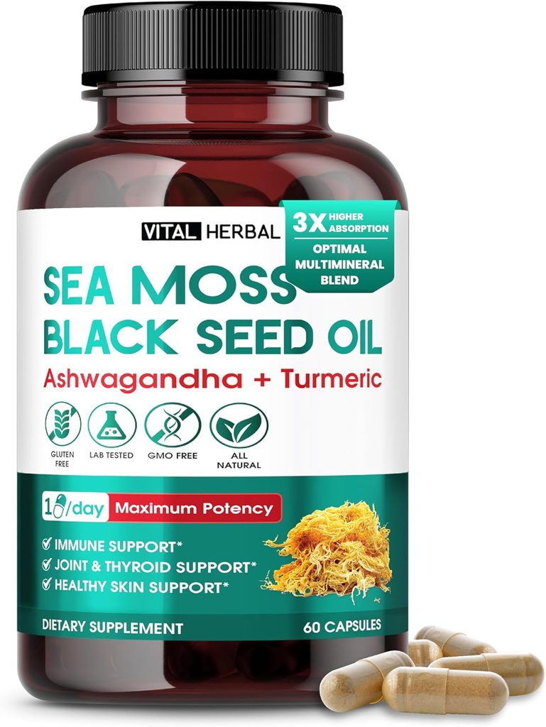 Laut Moss dengan Minyak Benih Hitam, Ashwagandha, Turmeric & Moringa - Imune, Gabungan & Skin Suplemen - 60 Capsules - Vital Herbal - Buruh Diuji, Non-GMO, dibuat di USA