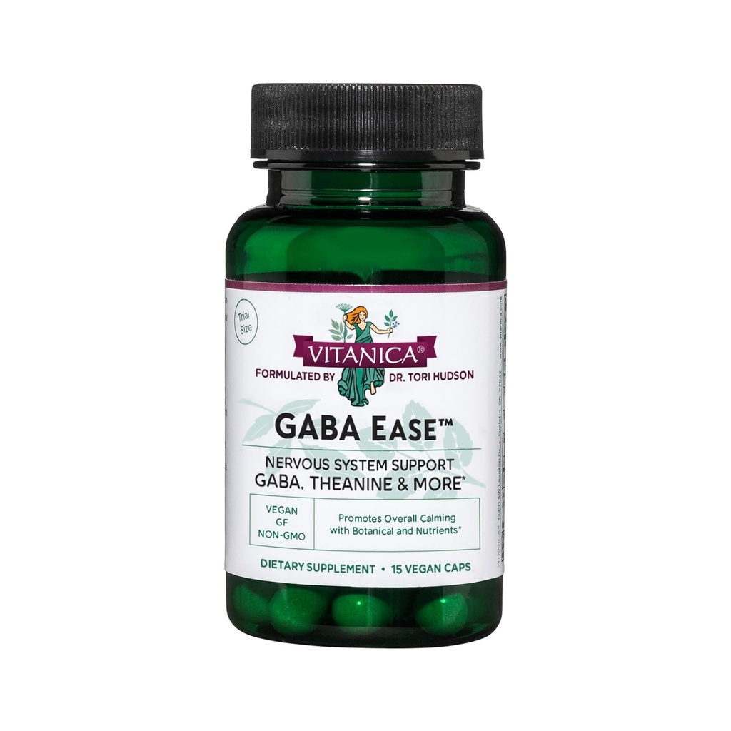 Vitanica GABA Ease - GABA & L- Theanine Suplemen Relaxation - Dukungan Kesehatan Wanita dengan GABA, Passionflower, Hops, Skullcap & L-Theanine - Jalur Konsumer - 15 Vegan Caps