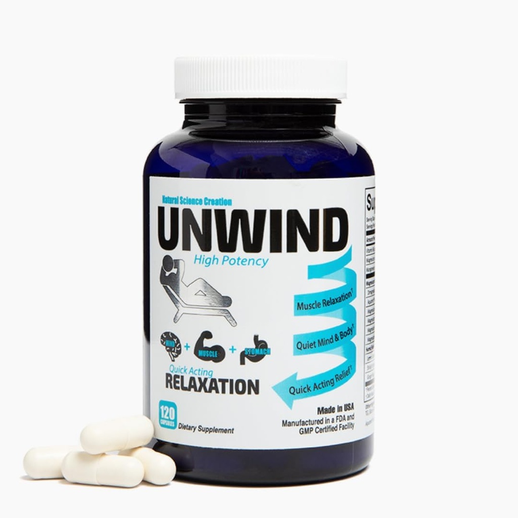 Unwind - 1885 Mgs Magnesium Per Serving, Advanced Relaxation Suplement, Max Strength Elemental Magnesium, Lemon Balm, Primavie Shilajit, Ginger - 120 Capsules - Made in USA